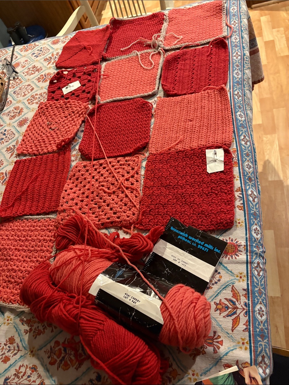 Handmade Crochet Knit Squares with Red & Pink Yarn